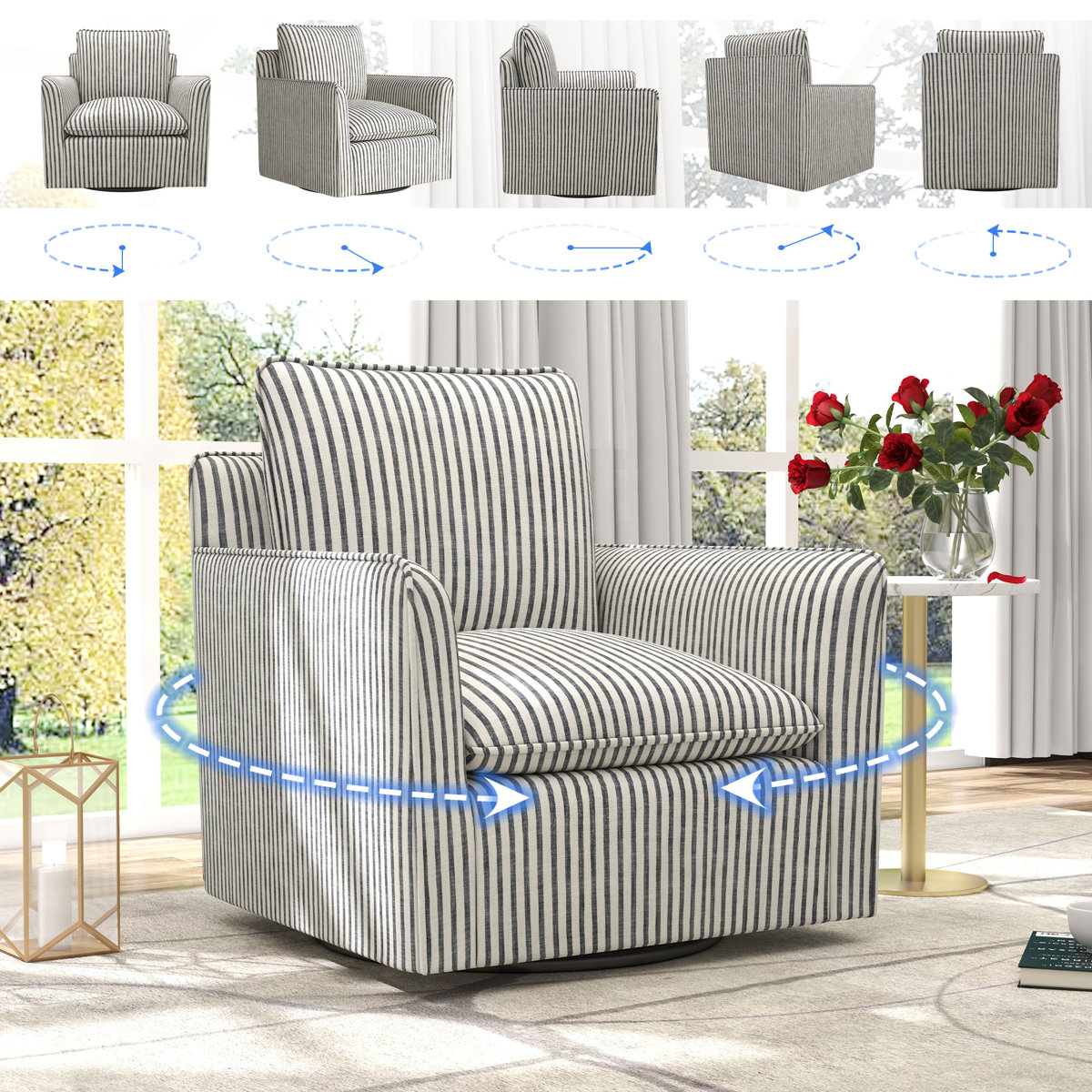 Romines 29.7" W Modern Soft Stripe Upholstered Swivel Barrel Chair with Removable Cushion (Set of 2)